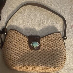 Vintage BRIGHTON natural woven straw purse with turquoise stone on closure
